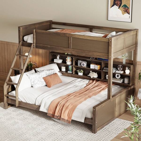 slide 2 of 18, Twin XL over Queen Bunk Bed with Storage Cabinets and USB Ports, Antique Wood Color Beige