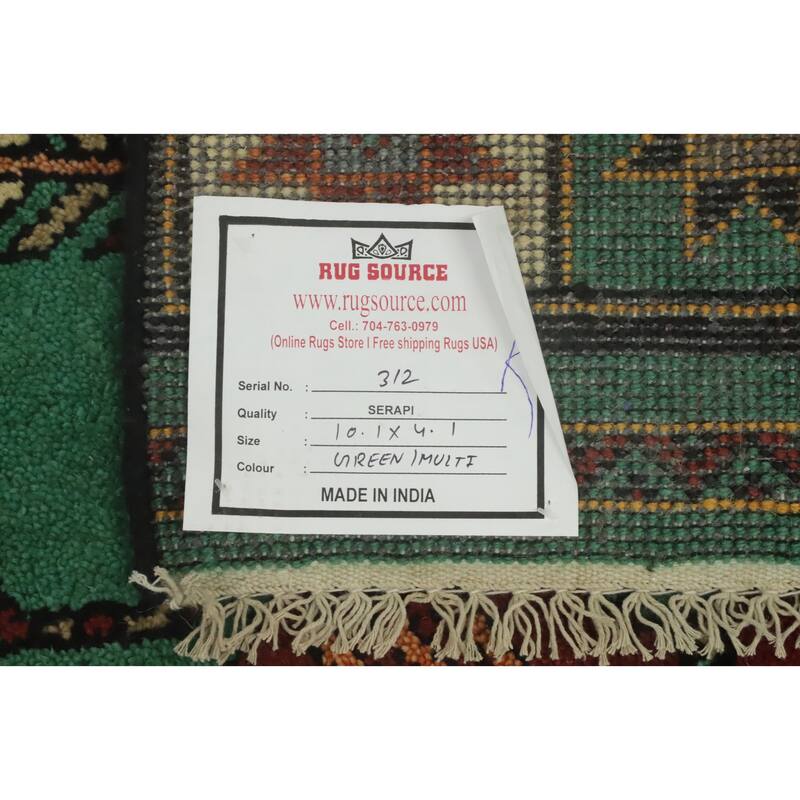 Hand-knotted Traditional Wool Green Geometric Oriental Area Rug - 10' 1'' X 4' 1''