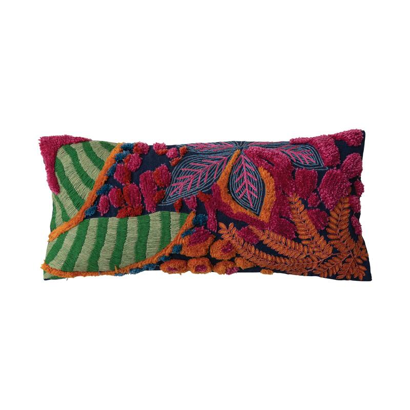 Embroidered Fabric Indoor/Outdoor Lumbar Pillow with Tufting - 27.0"L x 12.0"W x 1.0"H - Multi