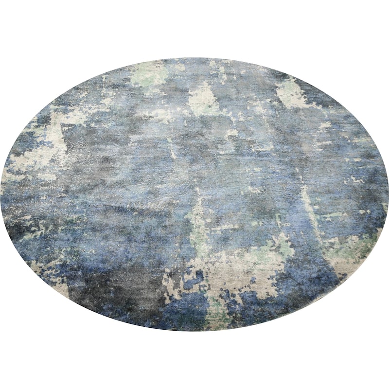 Hand Knotted Oriental Viscose Silk Carpet Modern Abstract Navy Blue & Blues Abstract Area Rug - 6' 8'' X 6' 8''