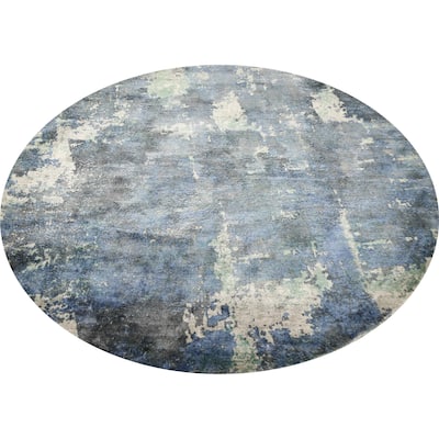 Hand Knotted Oriental Viscose Silk Carpet Modern Abstract Navy Blue & Blues Abstract Area Rug - 6' 8'' X 6' 8''