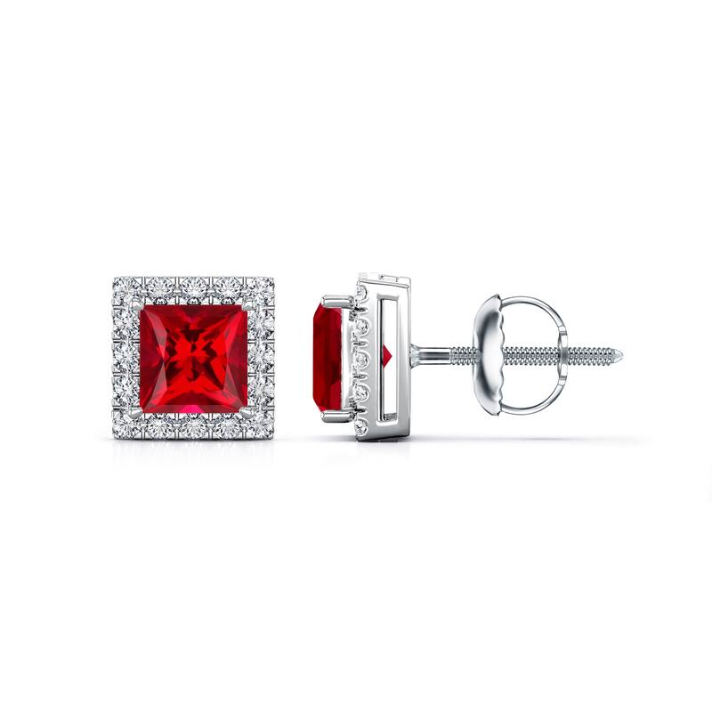 Auriya 14k Gold Lab Grown Gemstone Ruby Stud Earrings Princess 0.25 to 5.00 ct. tw. Halo Screw-Back - 2.00ct tgw. - White