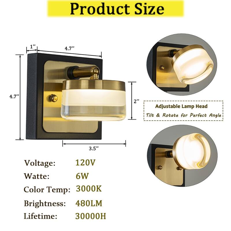 CraftHome Modern Square Black Brass Integrated LED Wall Sconce with White Acrylic Shade Adjustable Head Bathroom Vanity Light