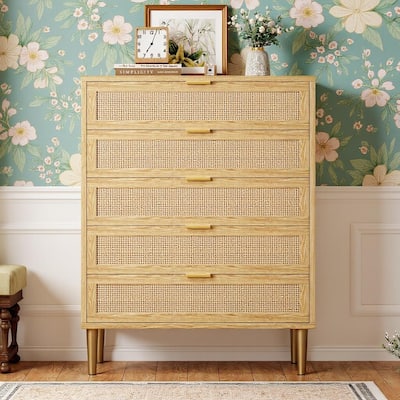 5 Drawers Tall Rattan Dresser, with Metal Legs and Handles, 44''