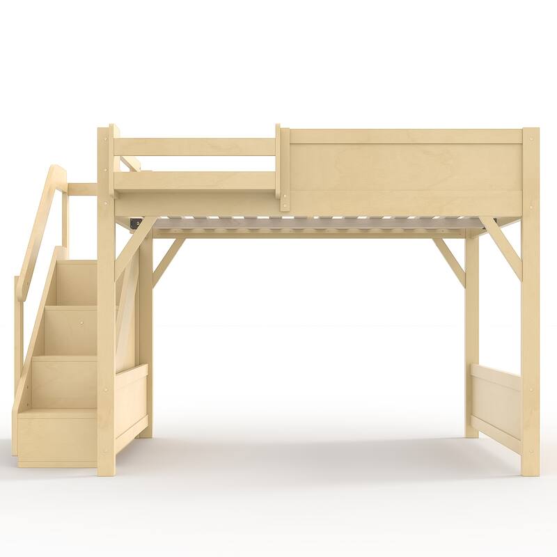 Full/Twin Loft Bed with Built-in Wardrobe, Storage & Stairs - Solid Wood, Full-Length Guardrails, No Box Spring