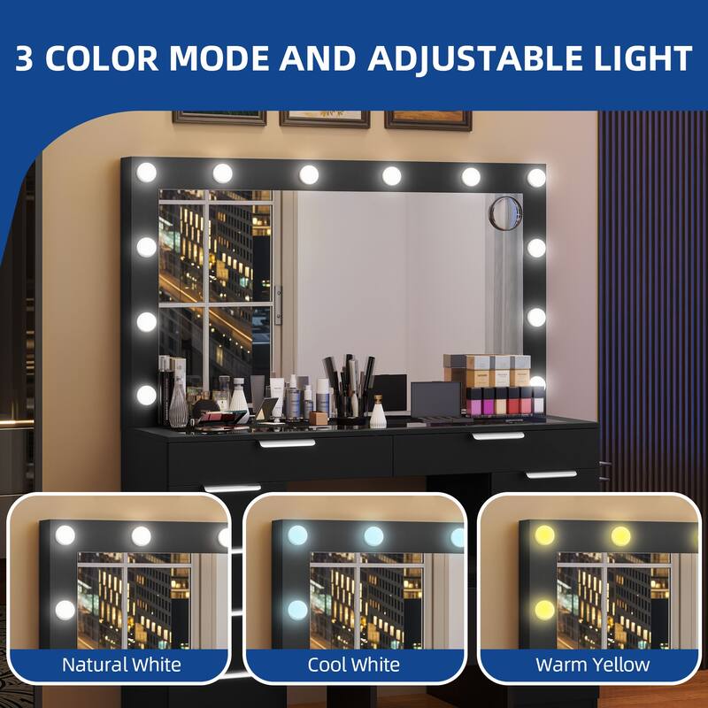 Moasis White 10-Drawer Cosmetic Vanity Desk Set with Glass Tabletop Makeup Vanity with LED Strip