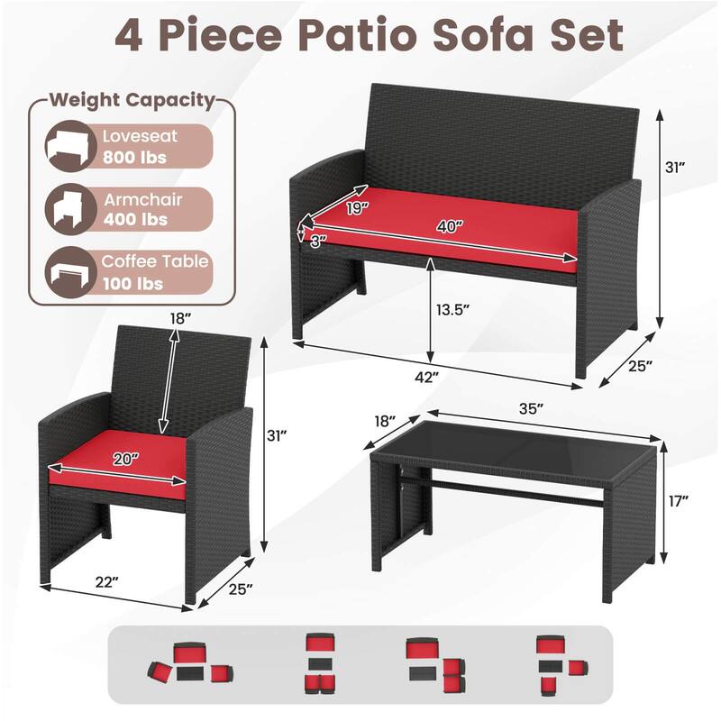 Costway 4 PCS Patio Conversation Set with Seat Cushions & Tempered - See Details