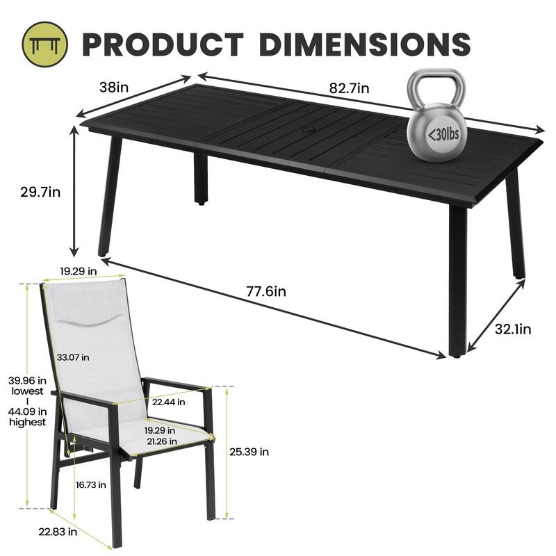 7/9 Piece Dining Set Aluminum Dining Table with Umbrella Hole and Folding Pneumatic Angle Adjustable Back Chairs