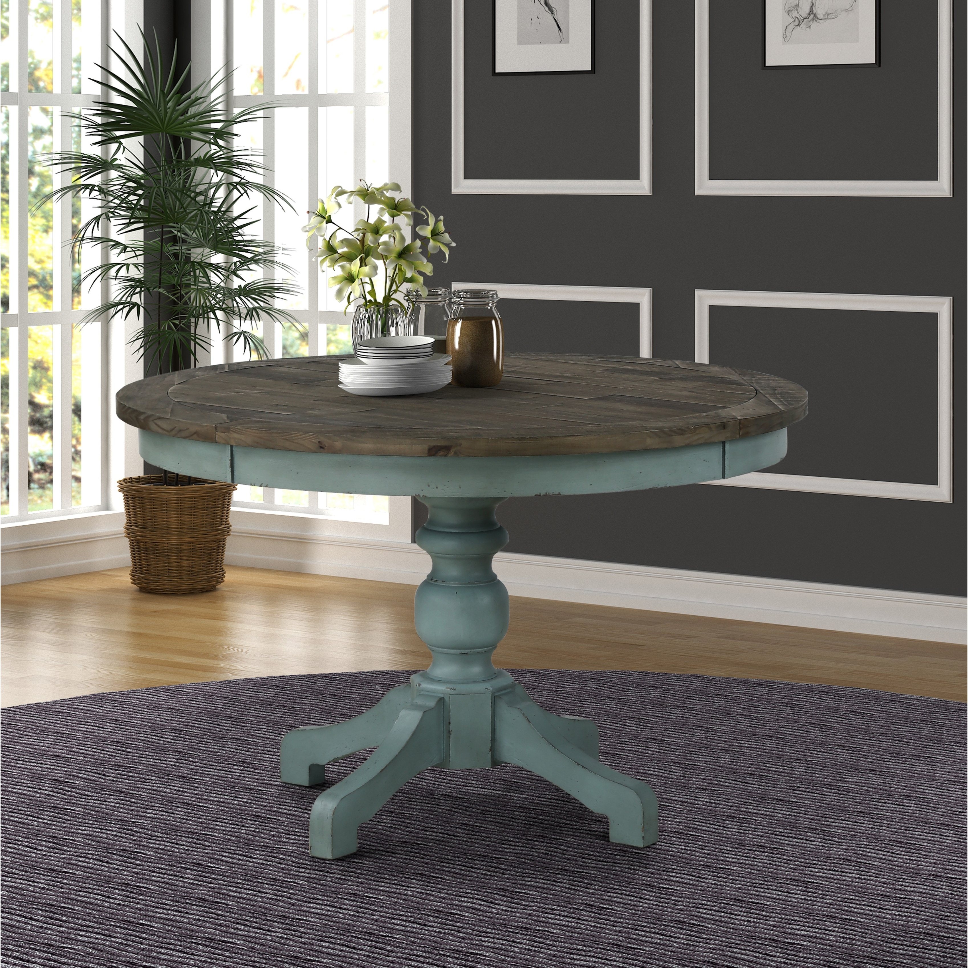 Roundhill Furniture Prato Round 2-tone Blue and Brown Wood Dining Table