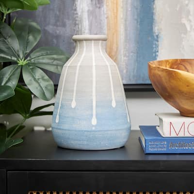 Blue Ceramic Abstract Ombre Drip Vase with Gray and White Accents