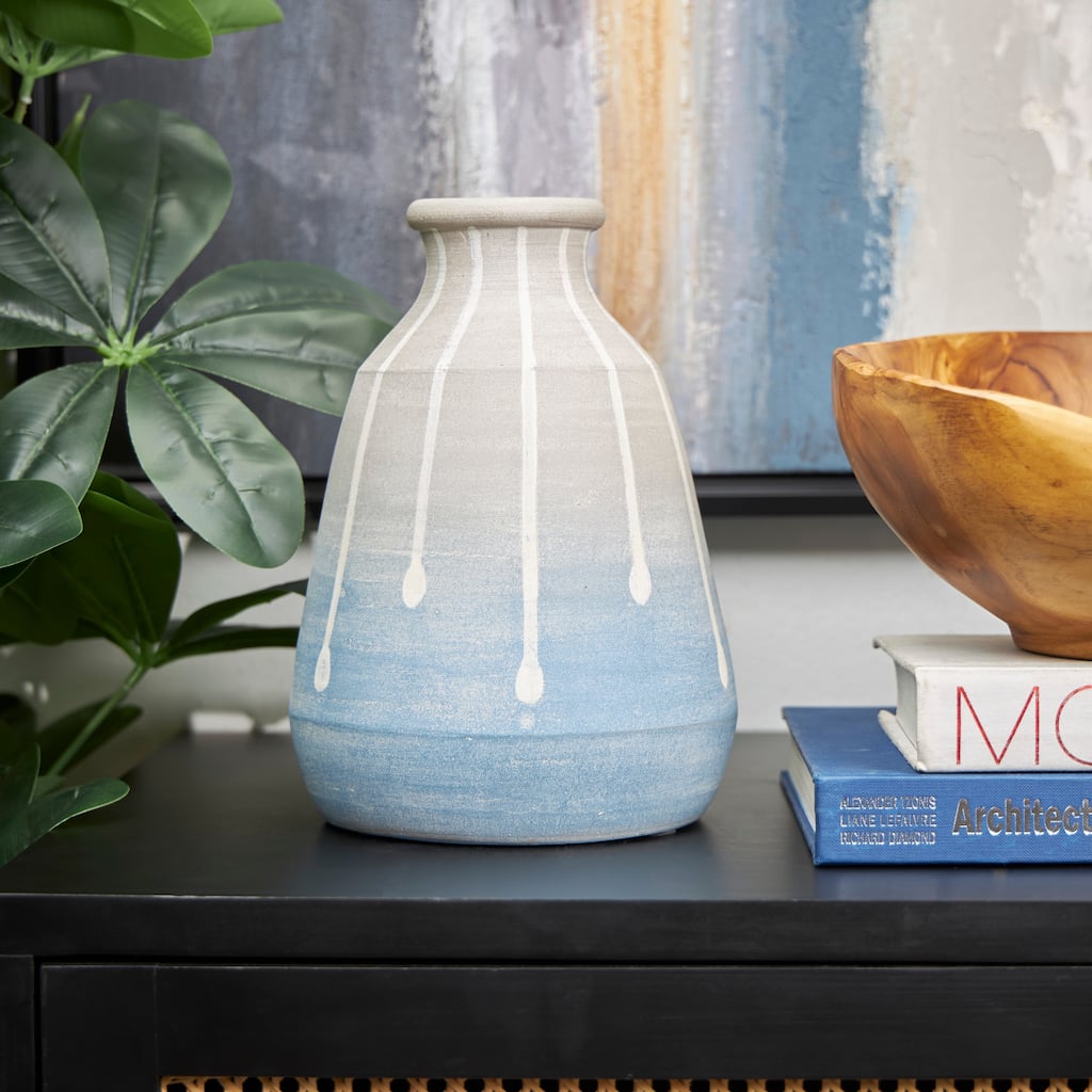 Blue Ceramic Abstract Ombre Drip Vase with Gray and White Accents