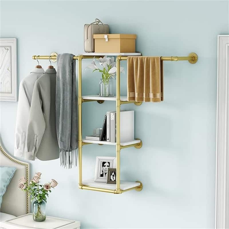 Wall Mounted Pipe Clothing Rack with Shelves - 11.8"D x 50.4"W x 35.4"H