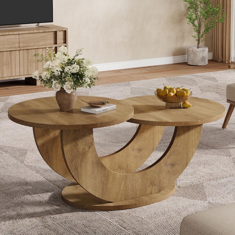 45.27 Inches Natural Engineered Wood Coffee Table with U Shaped Base, 2-Tier Farmhouse Tea Table for Living Room