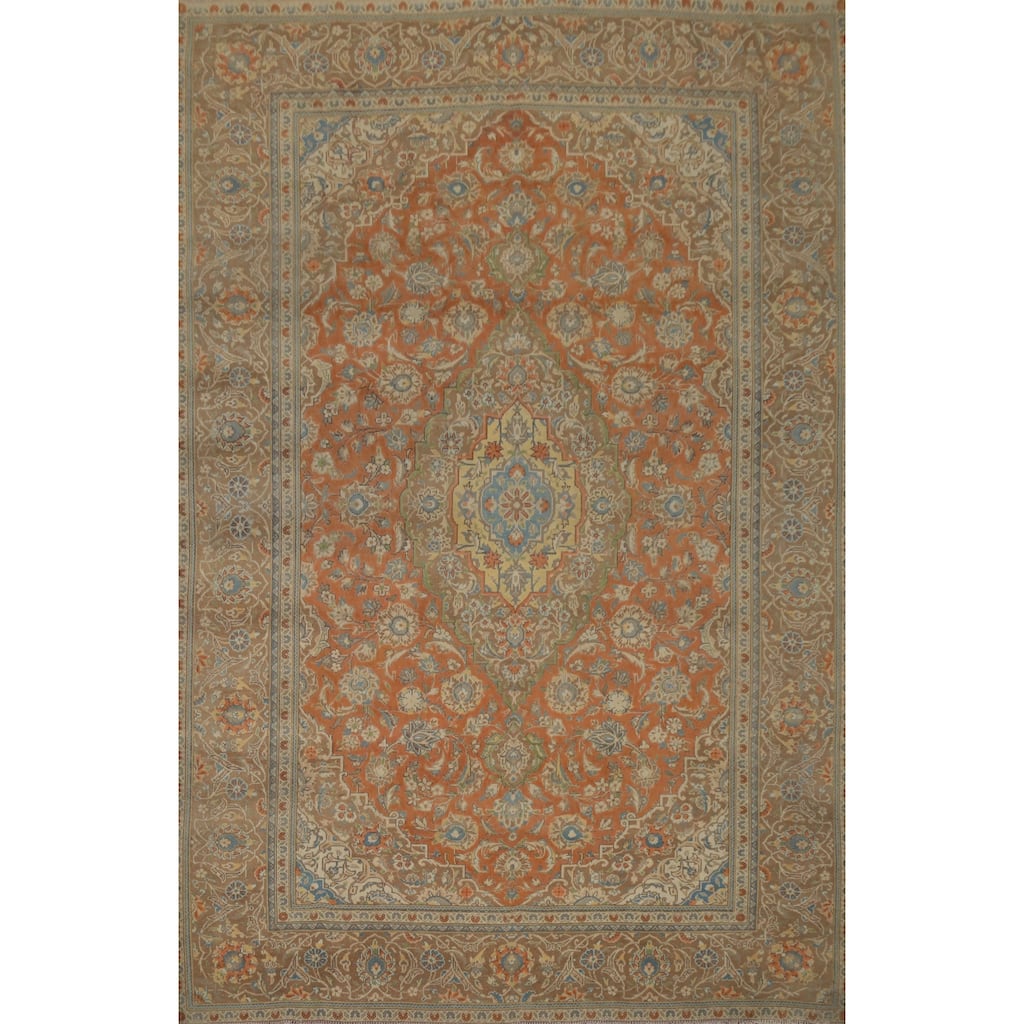 Hand Knotted Oriental 100% Wool Carpet Traditional Floral Oranges & Rust Tabriz Area Rug - 10' 3'' X 7' 8''