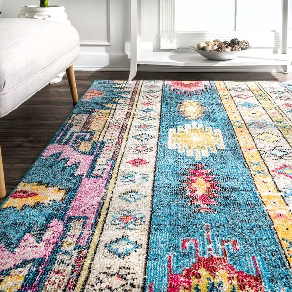 Nuloom Blue Bohemian Tribal Festival Summer Day Faded Border Area Rug Overstock 22282750 8 X 10 Blue