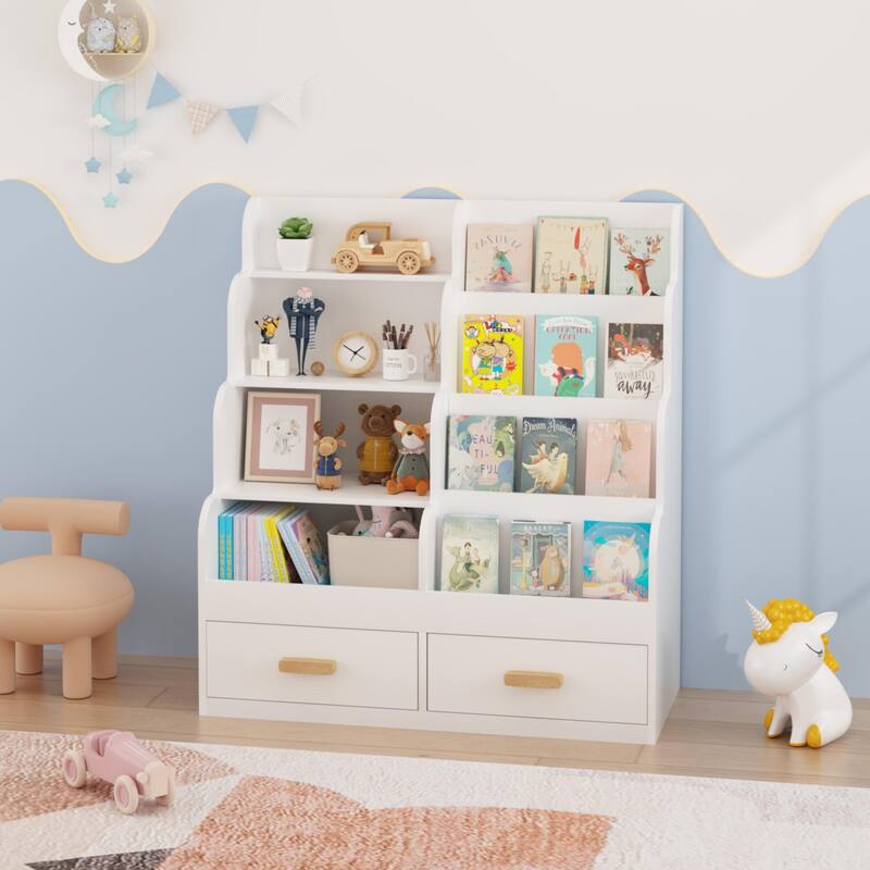 Anmytek Kids Bookshelf with 2 Storage Drawers, Front-Facing Children's Bookcase and Toy Organizer, Multi-Tier Reading Shelf