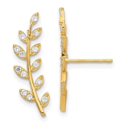 Curata 14k CZ Cubic Zirconia Fern Ear Climber Earrings - 21.1x5.45mm Wide