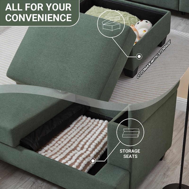 L-shaped Chaise Sectional Sofa with Movable Ottoman, Hidden Storage in Armrests & Seats, Storage Couches with Thick Cushions