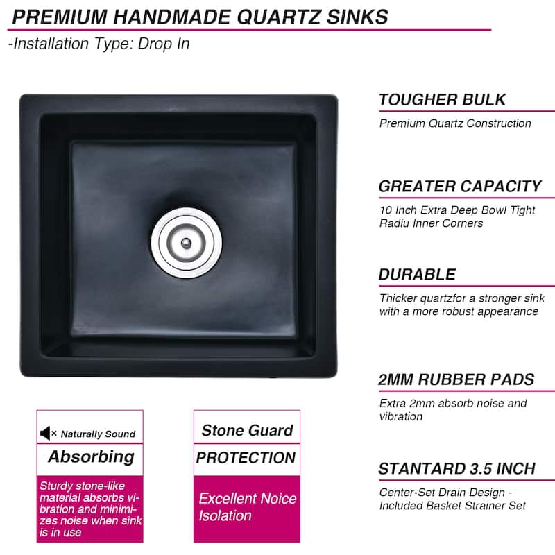 PROOX 18" L X 16" W Bar Sink Undermount Quartz Kitchen Sink With Basket Strainer