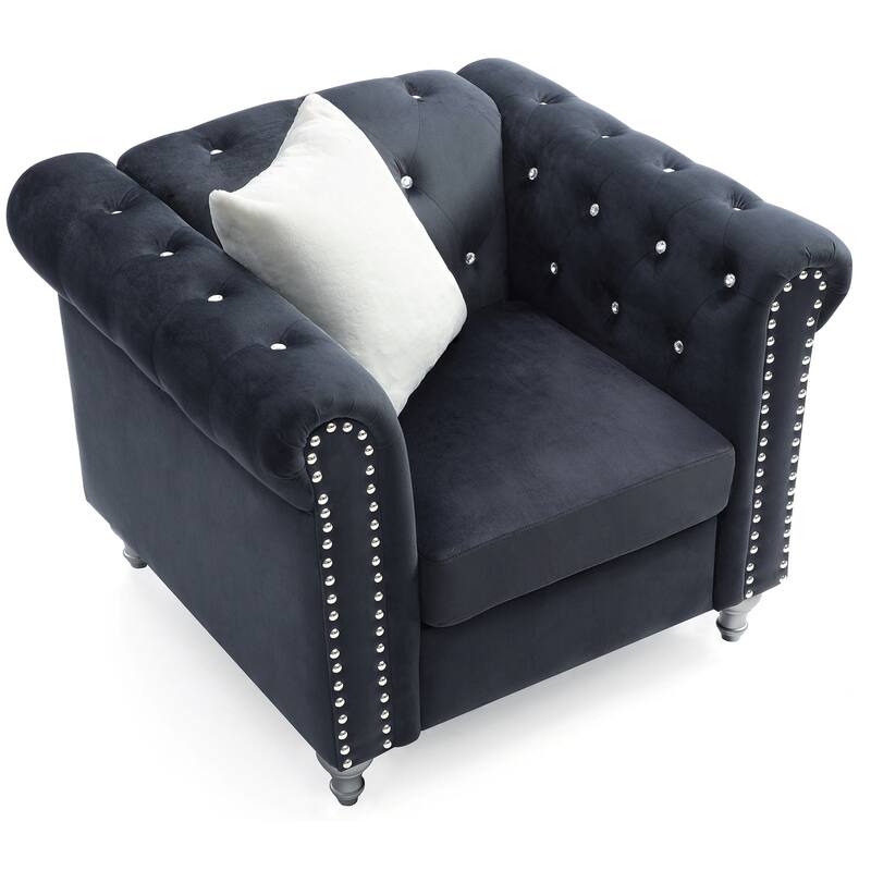 Jeweled Tufted Velvet Accent Chair with Throw Pillow - 38" - Black