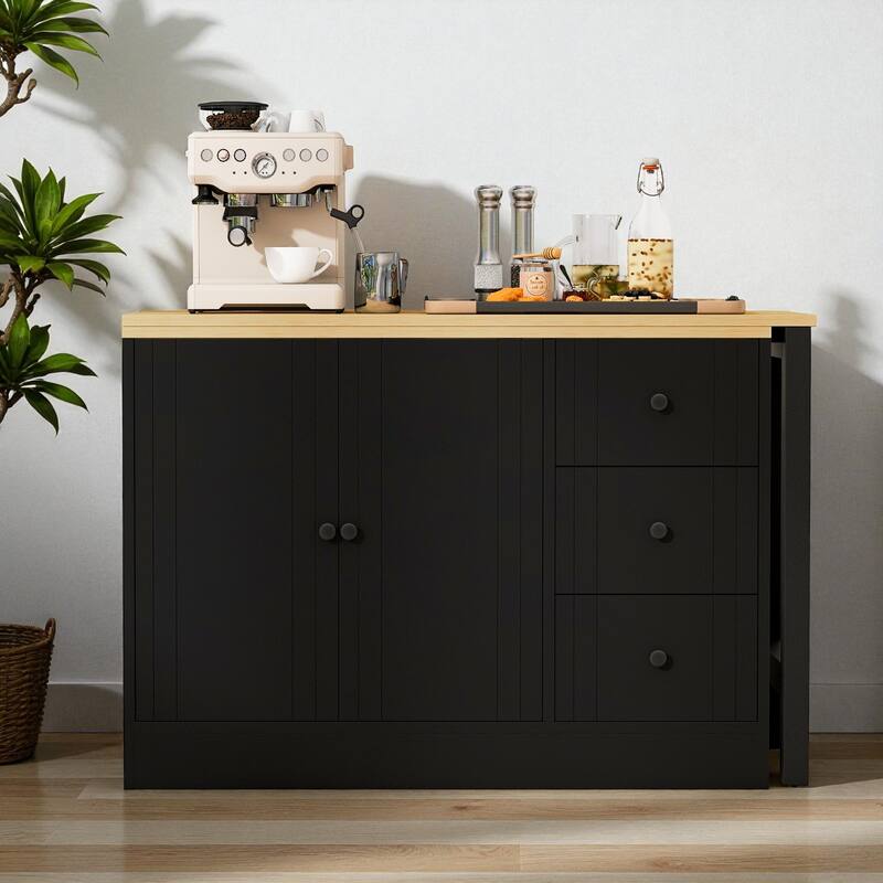 89.7" Wooden Sideboard Buffet Cabinet with Extendable Table, 2 Doors, 3 Drawers, Adjustable Shelf for Kitchen or Living Room - Black Natural