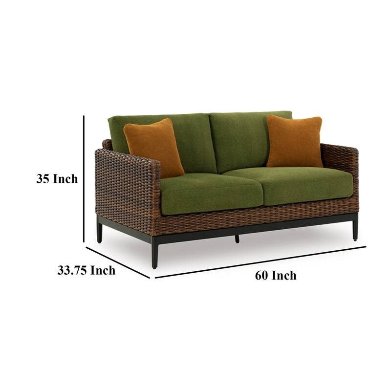 Izon Outdoor Loveseat, 2 Throw Pillows, Green, Brown Woven, 60 Inch