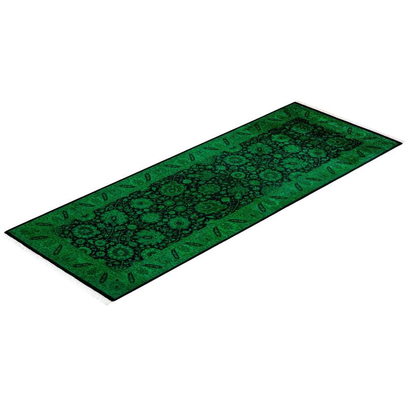 Overton Hand Knotted Wool Vintage Inspired Modern Contemporary Overdyed Green Runner Rug - 3' 0" x 8' 1"