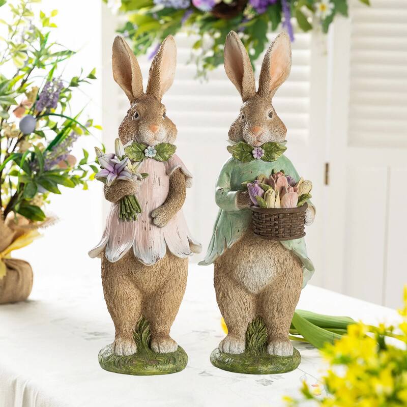 Glitzhome Easter Resin Bunny Boy Girl Table Decor with Flower Rabbit Figurine Ornaments - 15.5"H Girl & 15.75"H Boy