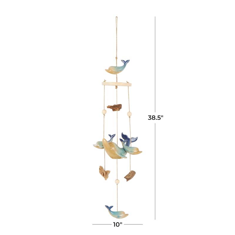 Blue Ceramic Handmade Ombre Whale Windchime with Driftwood and Bead Accents