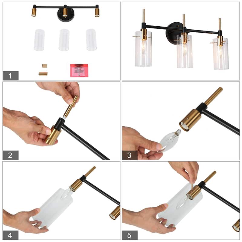 Alva Black Gold Modern Vanity Lights 3-Light Cylinder Clear Glass Shades Bathroom Light Fixture Wall Sconce