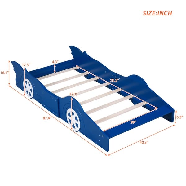 dimension image slide 1 of 5, Race Car-Shaped Platform Bed with Wheels, Suitable for Kids and Young Children