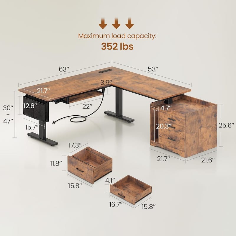 L Shaped Electric Standing Desk with File Cabinet Height Adjustable 63 x 53''