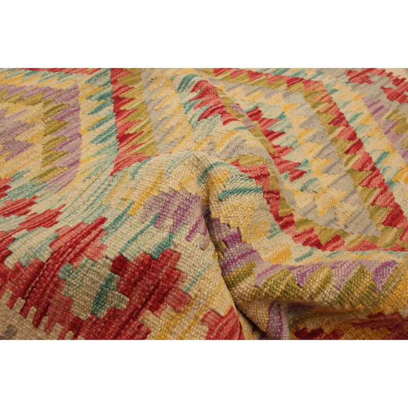 ECARPETGALLERY Flat-Weave Bold and Colorful Olive Wool Kilim - 2'9 x 4'5
