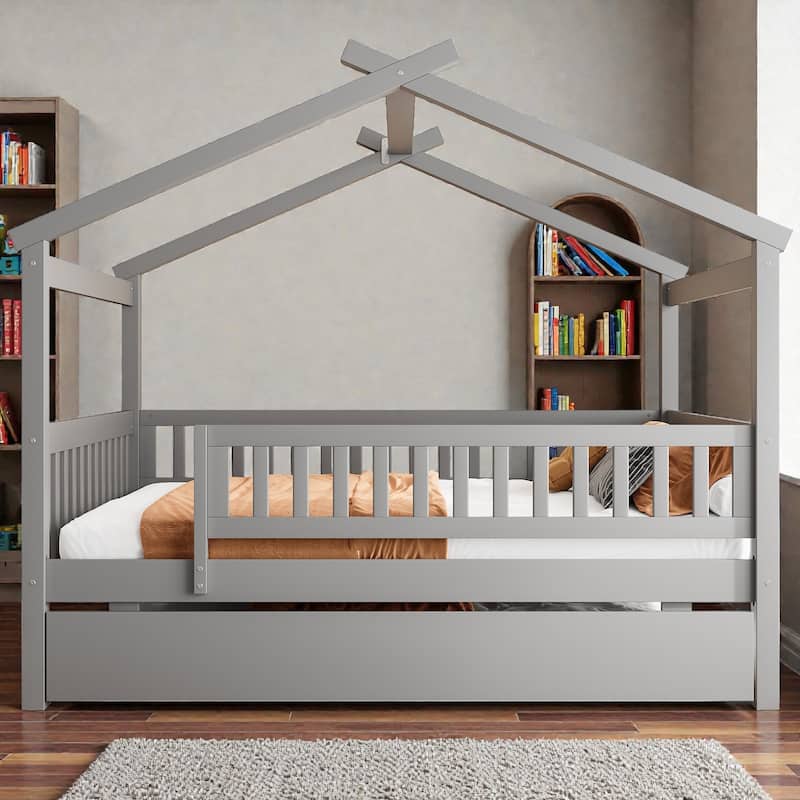 Twin/Full Wooden House Bed with Twin Trundle, Kids Platform Bed Frame with Roof Design, Solid Pine Wood - Grey - Full