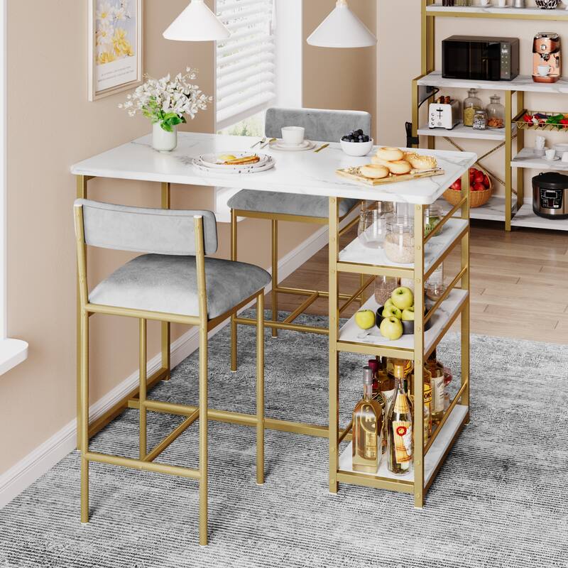 3 Piece Counter Height Bar Kitchen Table Set with 3 Storage Shelves for Apartment