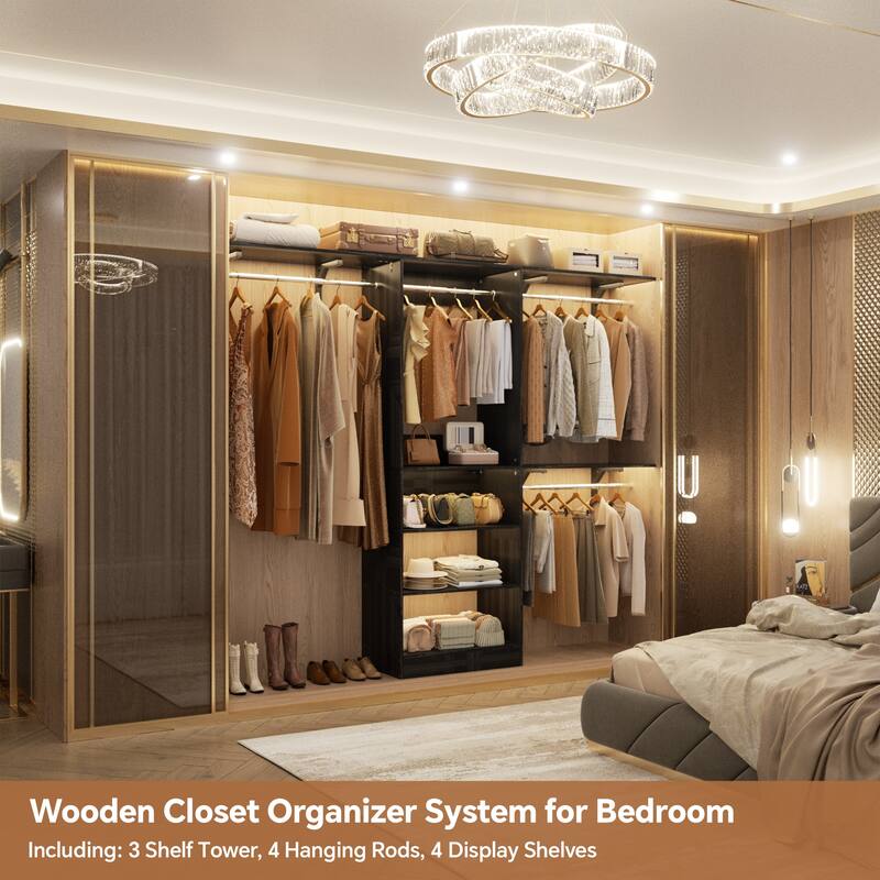 96'' W Walk-in Closet System with 4 Hanging Rods and 3 Shelving Towers, Sturdy Closet Organizer with Storage Shelves