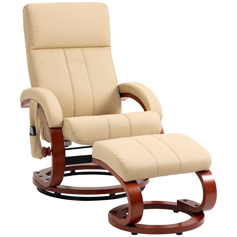 Modern Swivel Wood Base Leather Massage Recliner Chair with Ottoman, 10 Point Vibrating, 5 Modes, Remote and Side Pocket
