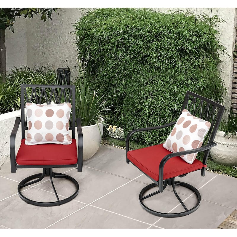 Outdoor 2-Piece Metal Swivel Dining Chairs with Red Cushions - Black