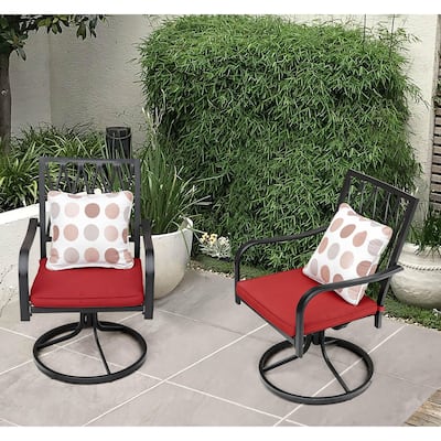 Outdoor 2-Piece Metal Swivel Dining Chairs with Red Cushions