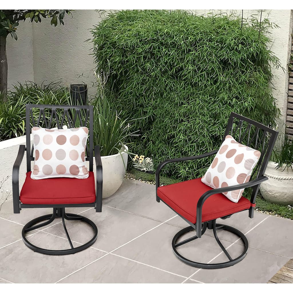 Outdoor 2-Piece Metal Swivel Dining Chairs with Red Cushions