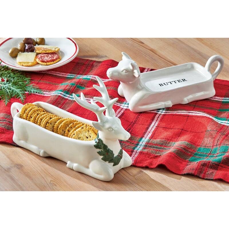 Farmhouse Christmas White Stoneware Cow Shaped Butter Dish, 9.65"L x 3.7"W x 4.0"H