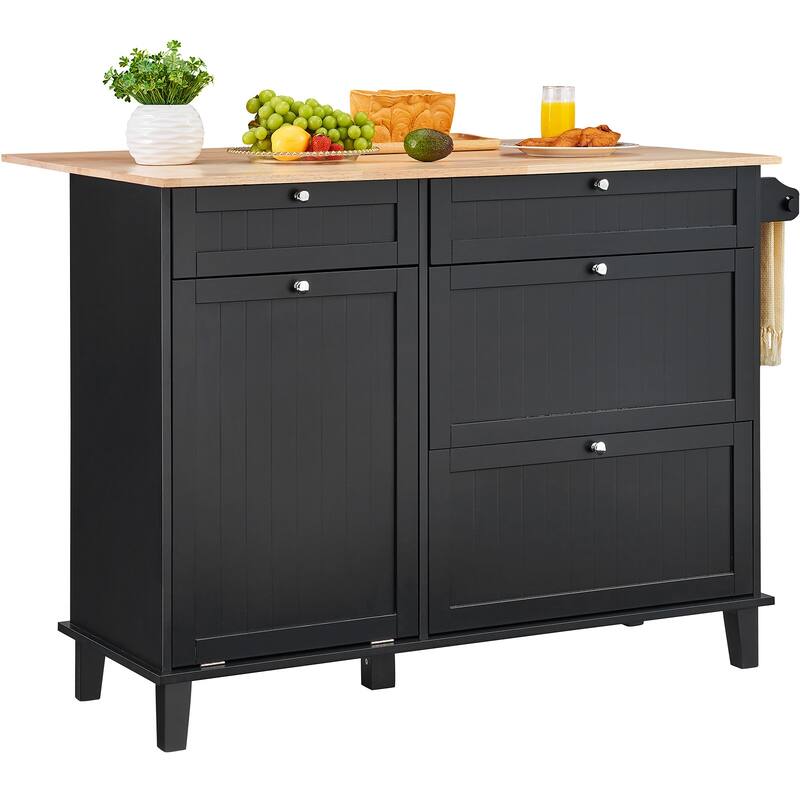 Kitchen Island Cart Storage Cabinet Serving with Drop Leaf, Drawer & Trash Cabinet