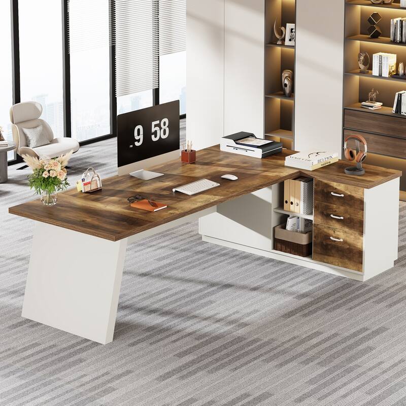 78.7-Inch L-Shaped Executive Desk Computer Desk with File Cabinet