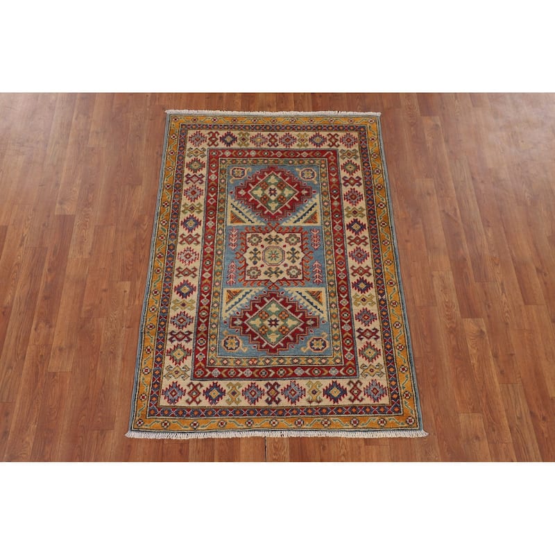 Geometric Kazak Accent Rug Handmade Foyer Wool Carpet - 3'2" x 4'8"