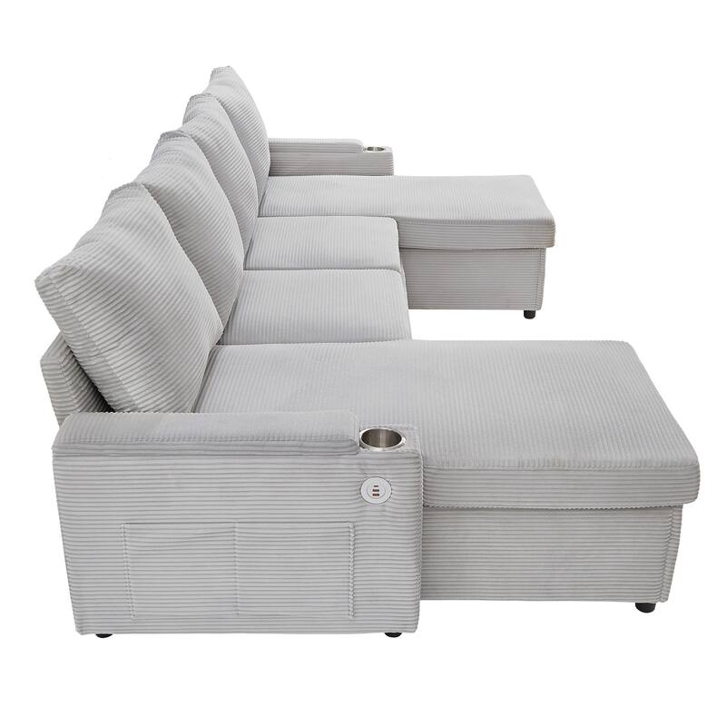 Convertible Sofa Bed with Pull Out Bed, U-Shaped Sectional Sofa with Dual Storage Chaise Lounges, USB Ports & Cup Holders