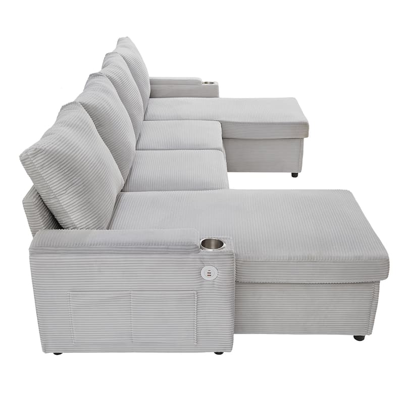 U-Shaped Sectional Sofa Convertible Sleeper Sofa with Dual Storage Chaise Lounges, Cup Holders, USB, Storage Boxes and Pockets