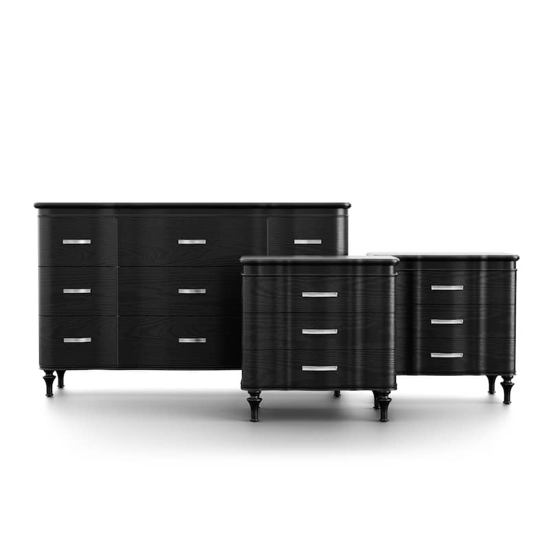 Furniture of America Seabliss Glam 3-Piece Black Solid Wood Dresser and 2-Nightstand Bedroom Set