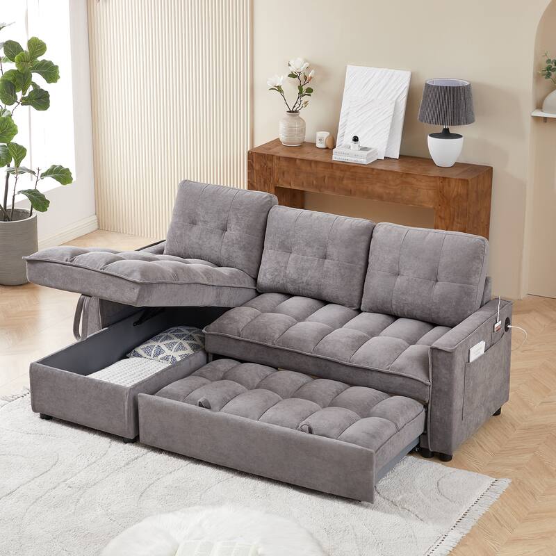 Modern Chenille L-Shaped Convertible Sofa Bed with Storage, USB and Type-C Charging Ports for Living Room