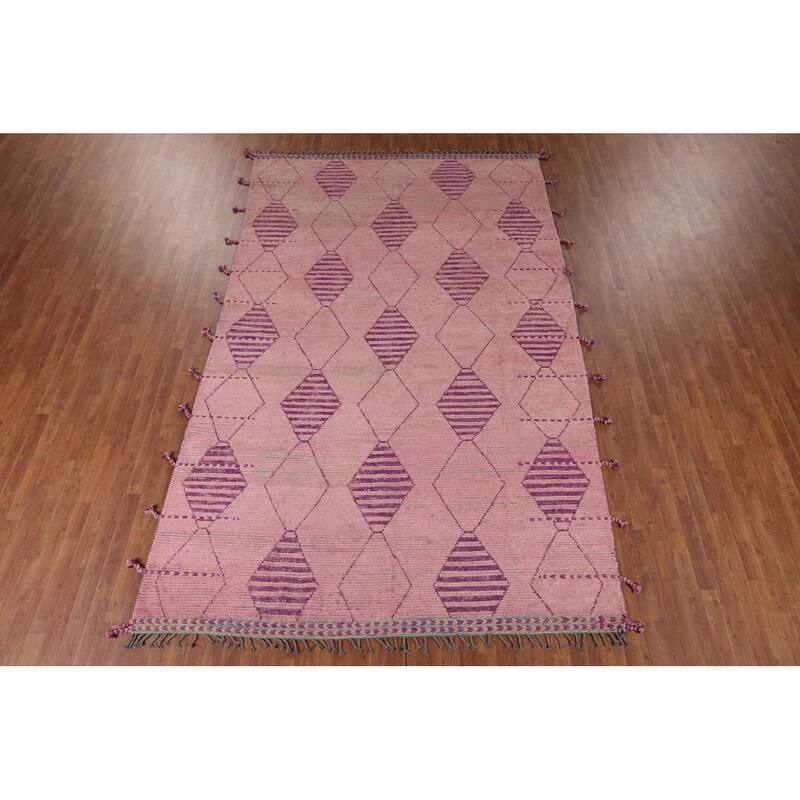 All-Over Pink Geometric Moroccan Area Rug Handmade Wool Carpet - 7'7"x 12'5"