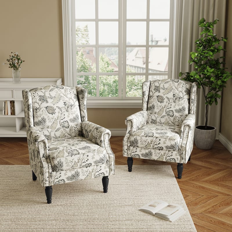 2 Set Transitional Patterned Wingback Accent Chairs with NailHead